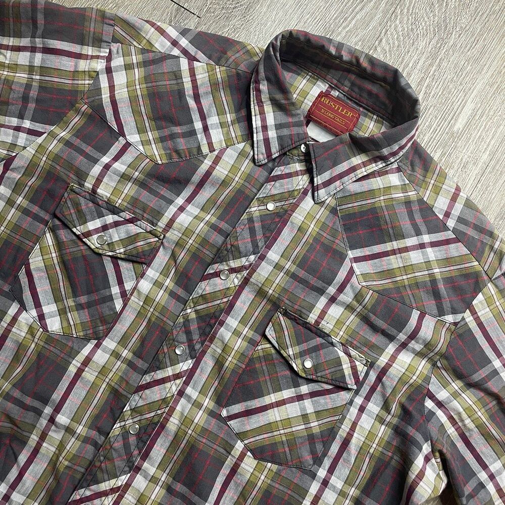 Rustler X-Long Tails Men's XL Brown W/ Plaid Pearl Snaps Button Down Vintage